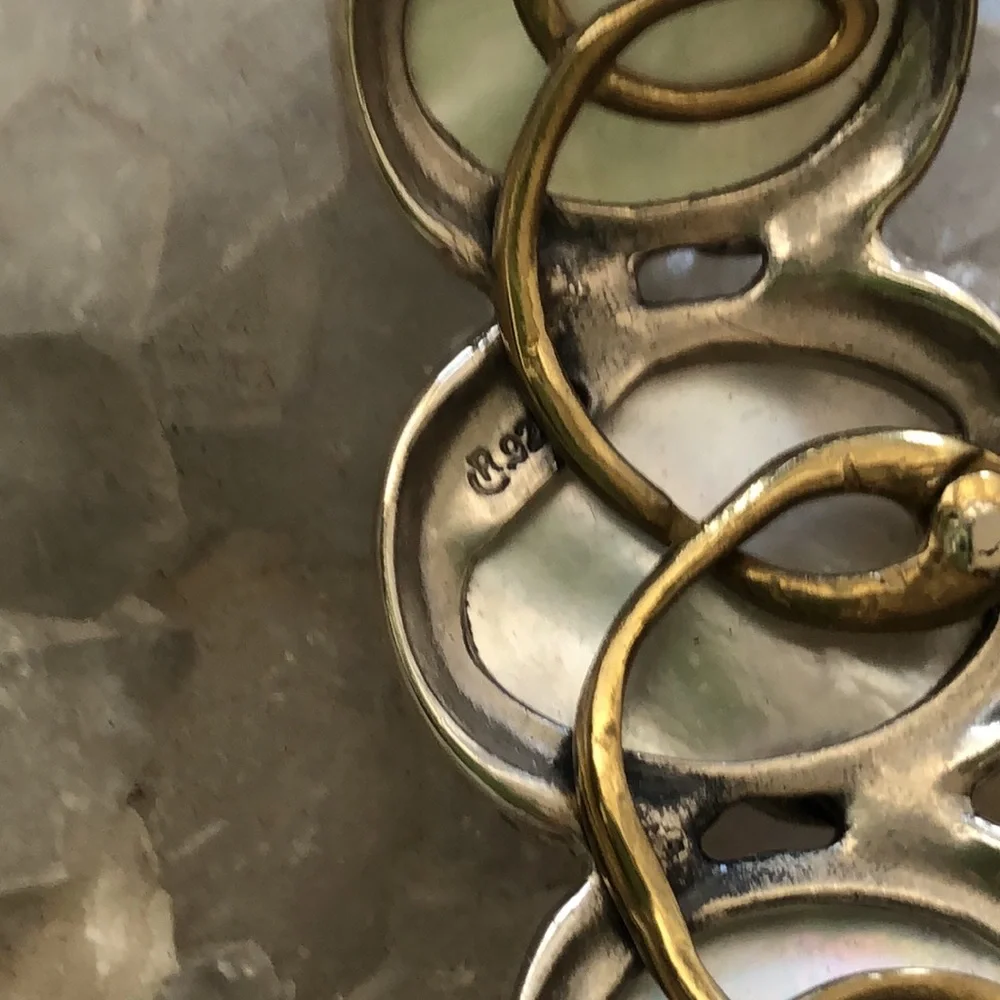 Carolyn Pollack Designer Sterling Silver Brass MOP Cuff Bracelet Boho Casual